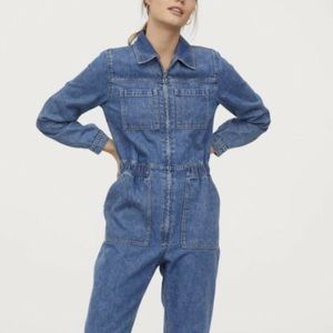 H&M Denim Zip Front Blue Boiler Jumpsuit Sz 10 Eco Conscious Collection